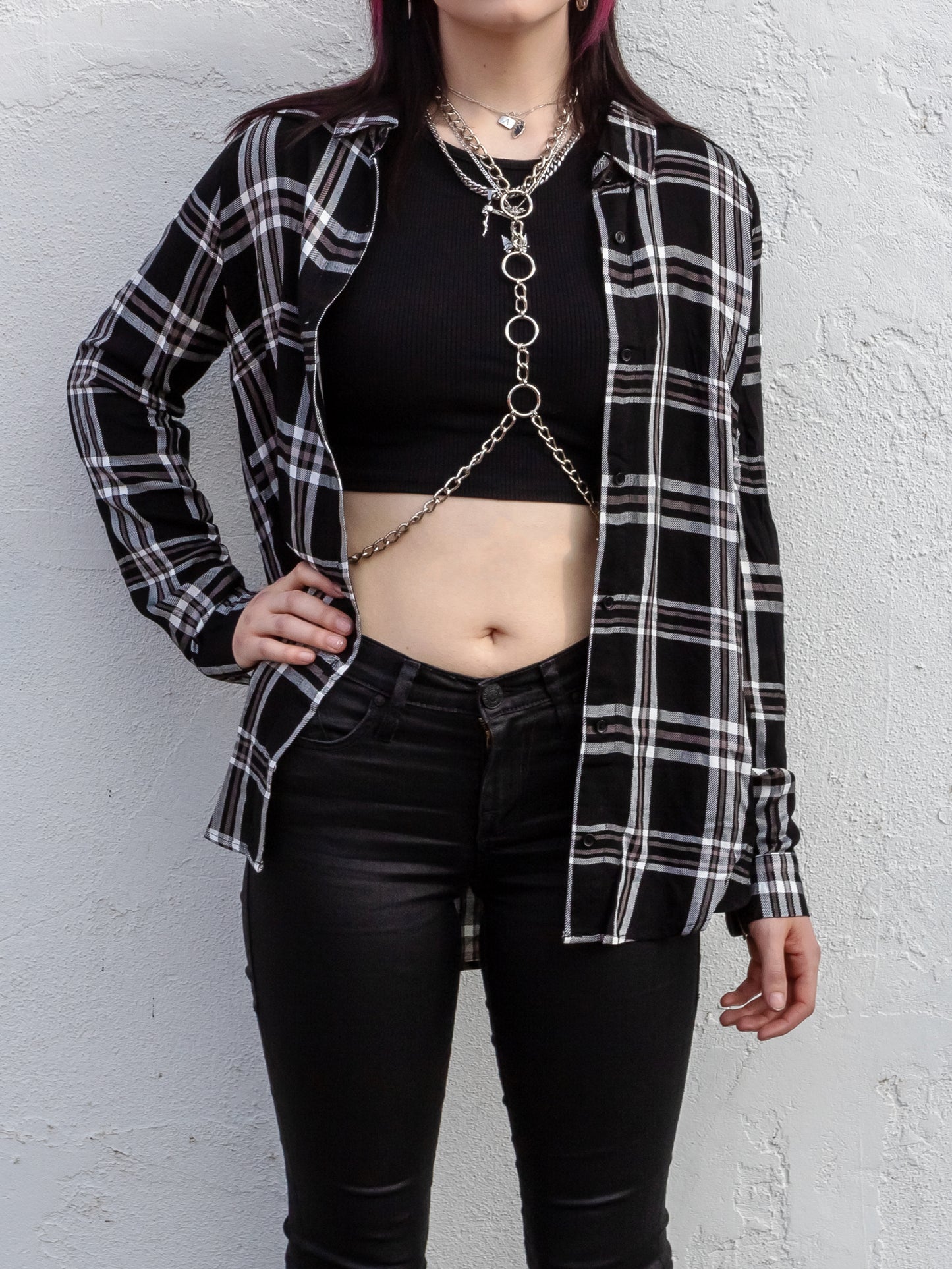 Black and White Oversized Plaid Rayon Top