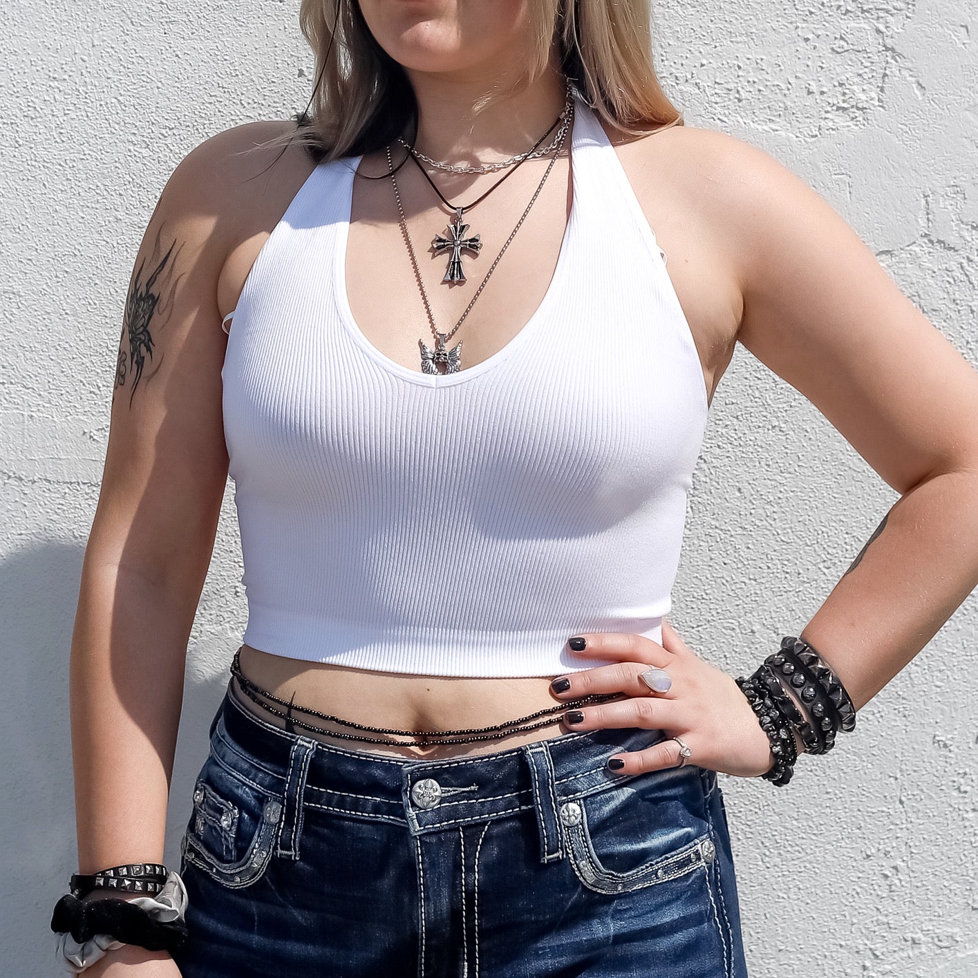 White Halter Neck Ribbed Crop Top