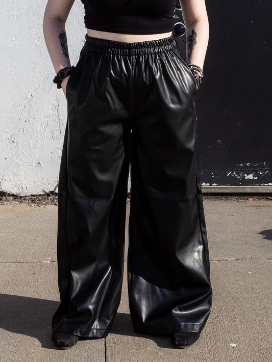 Faux Leather Wide Leg Sweat Pants