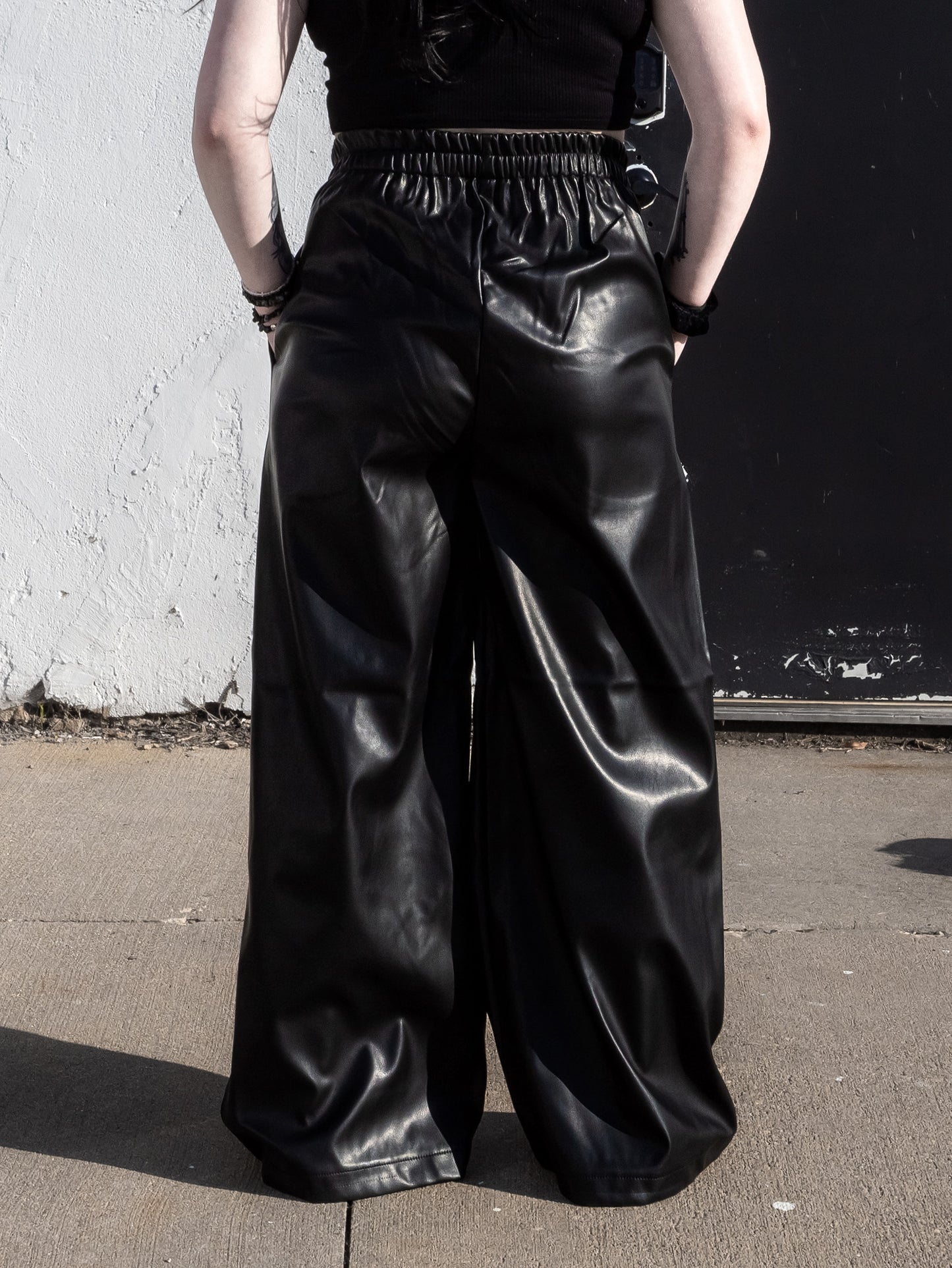 Faux Leather Wide Leg Sweat Pants