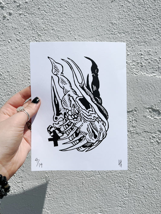 Metal Dragon Linocut Print- bloodsoakednib